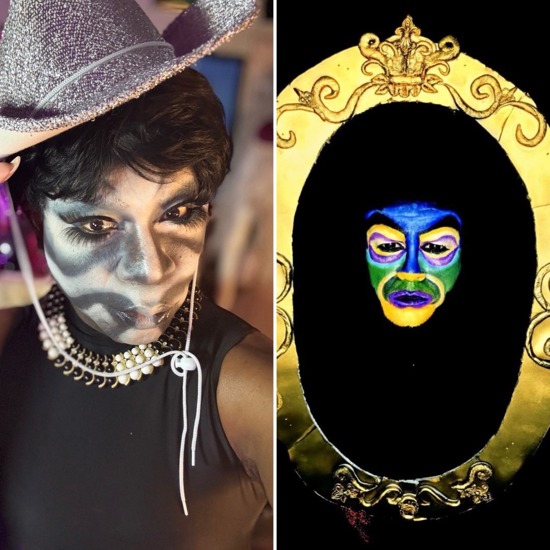 Felicia "Fefe" Minor in dramatic black and white makeup wears a sparkly hat, exuding a mysterious vibe. Beside them, Freddy Prinze Charming, a colorful face glows within an ornate mirror.