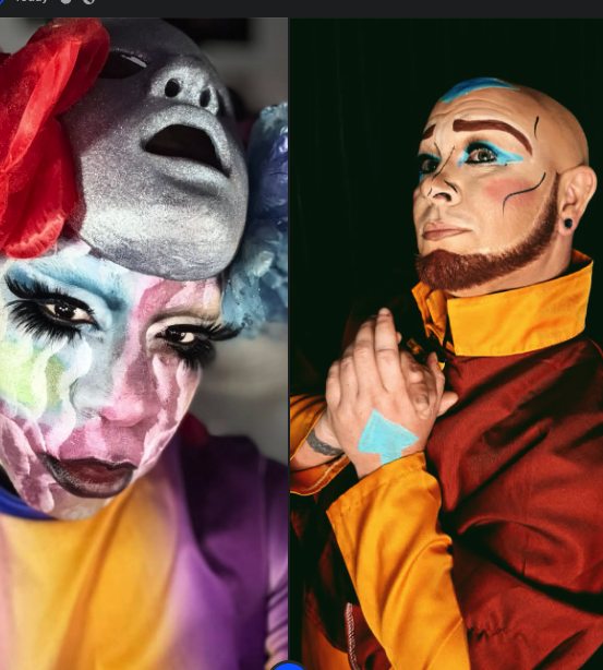 Felicia "Fefe" Minor & Freddy Prinze Charming in dramatic makeup and colorful attire. Felicia, left, has a silver mask and multicolored paint; Freddy, right, wears a gold-collared red robe with blue accents.